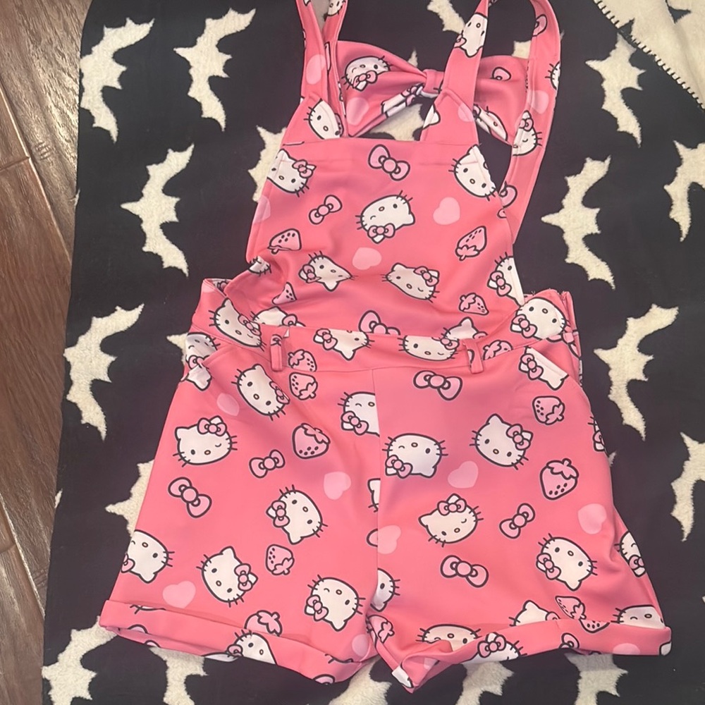 Hello Kitty Pink Overalls with Cartoon Cat Print